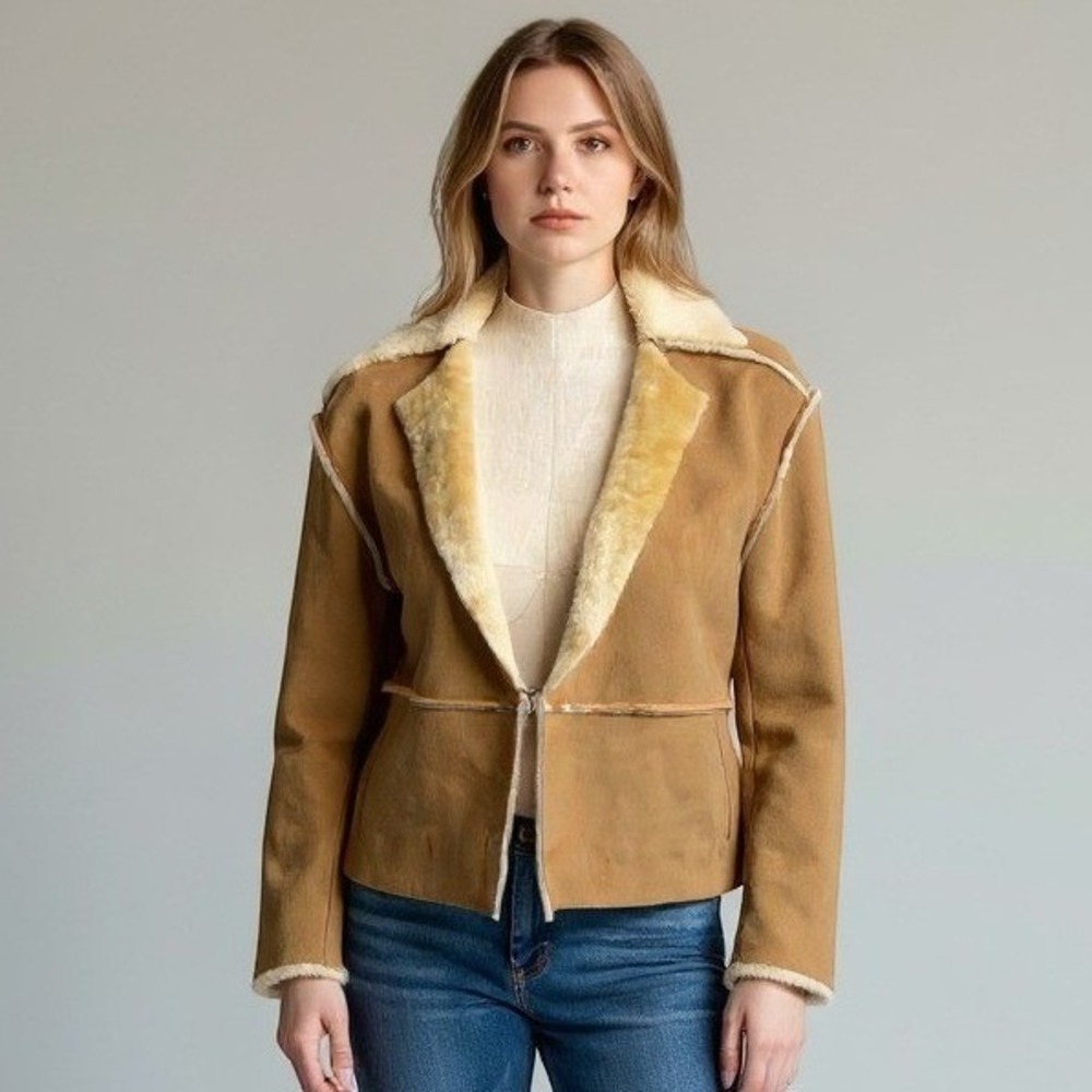 Liz Claiborne Faux Suede Fur Lined Collar Jacket Women's Lrg Cozy Luxe Mob Wife